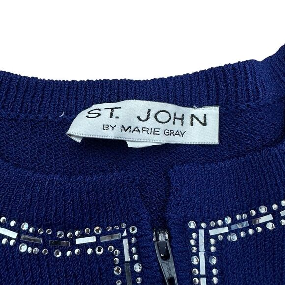 ST. JOHN Size 14 Royal Blue Made In USA Rhinestone Trimmed Knit Jumpsuit Pockets - Picture 8 of 16